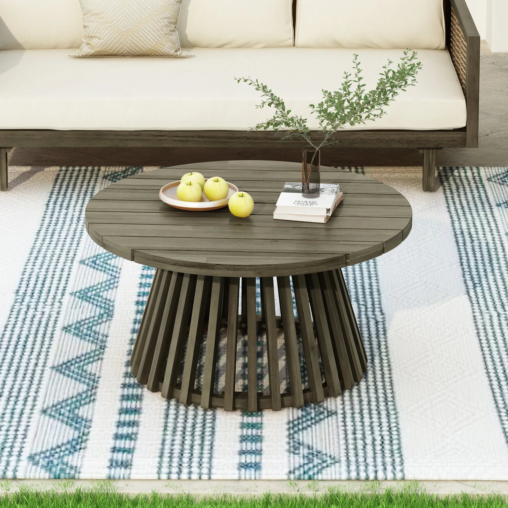 Outdoor Acacia Wood Patio Coffee Table, Round Coffee Table for Backyard, Lawn, Balcony,Grey Finish – view 1