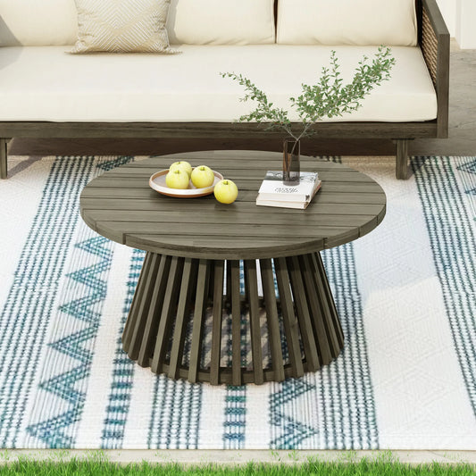 Outdoor Acacia Wood Patio Coffee Table, Round Coffee Table for Backyard, Lawn, Balcony,Grey Finish – view 1