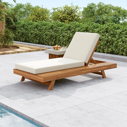LOUNGE CHAISE SET, SPACE AVAILABLE ON ONE SIDE,ACACIA WOOD WITH WATER-RESISTANT LOUNGE CUSHIONS (CREAM & 4 INCH THICK) - MATCHING DARK GREY VERSION – view 1
