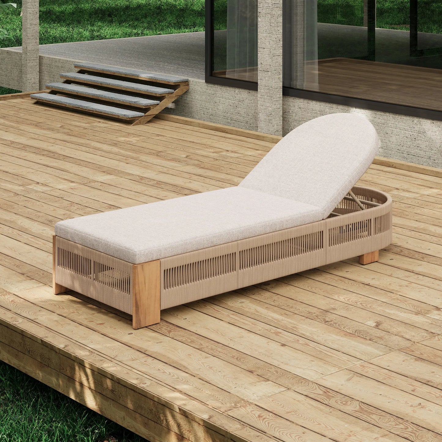 Outdoor Chaise Lounge Chair, Acacia wood Pool Chair with Adjustable Backrest and Cushion, Outdoor Lounge Chair for Beach, Yard, or Poolside (Beige – view 1