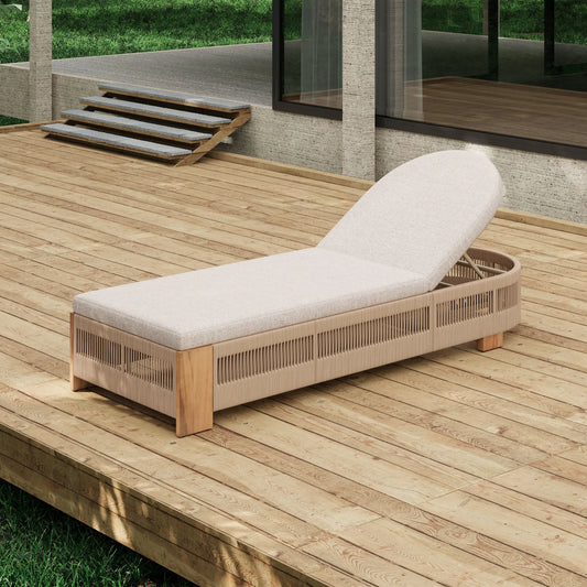 Outdoor Chaise Lounge Chair, Acacia wood Pool Chair with Adjustable Backrest and Cushion, Outdoor Lounge Chair for Beach, Yard, or Poolside (Beige – view 1