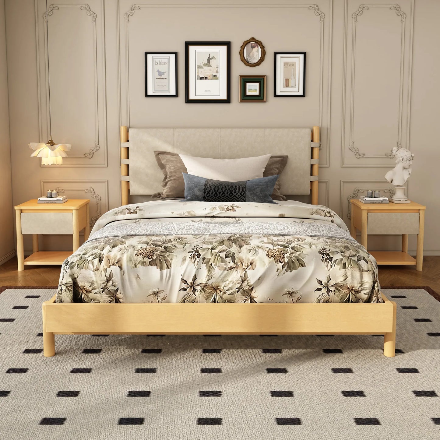 Modern Queen Bed Frame Set with 2 Nightstands, Beige Wood Platform Bed with Headboard and Matching Bedside Tables for Bedroom – view 1