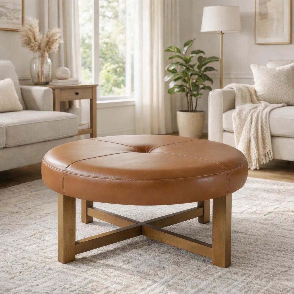 Round Leather Ottoman Coffee Table with Solid Wood Base, Tufted Faux Leather Upholstered Footrest, Brown Top with Walnut Finish Legs – view 1