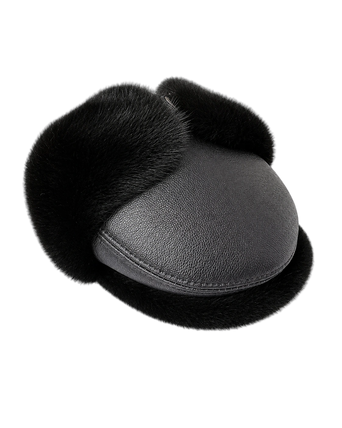 Natural Black supplier-described mink fur and leather men's ear-flap cap on a transparent background