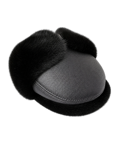Natural Black supplier-described mink fur and leather men's ear-flap cap on a transparent background