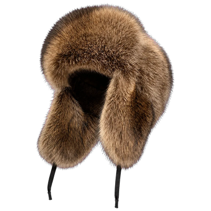 Natural genuine raccoon fur earflap trapper hat isolated on a transparent background