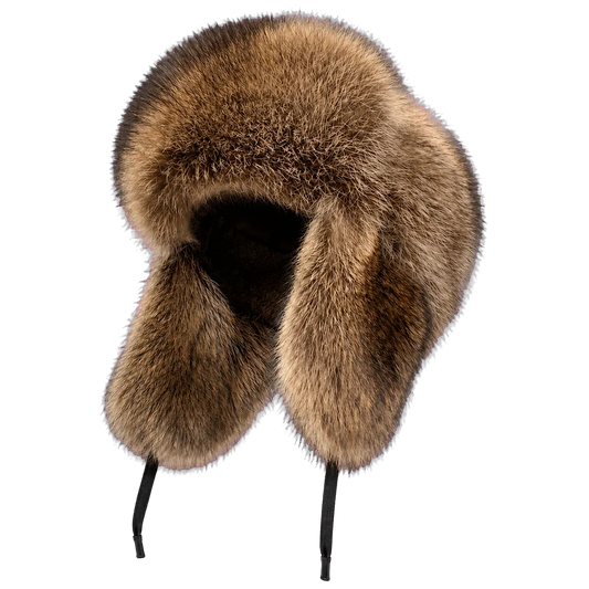 Natural genuine raccoon fur earflap trapper hat isolated on a transparent background