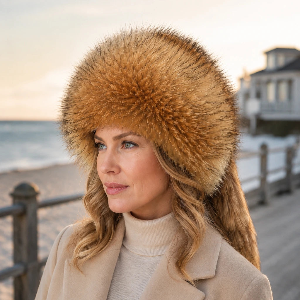 Natural raccoon fur trapper hat styled for a winter waterfront walk