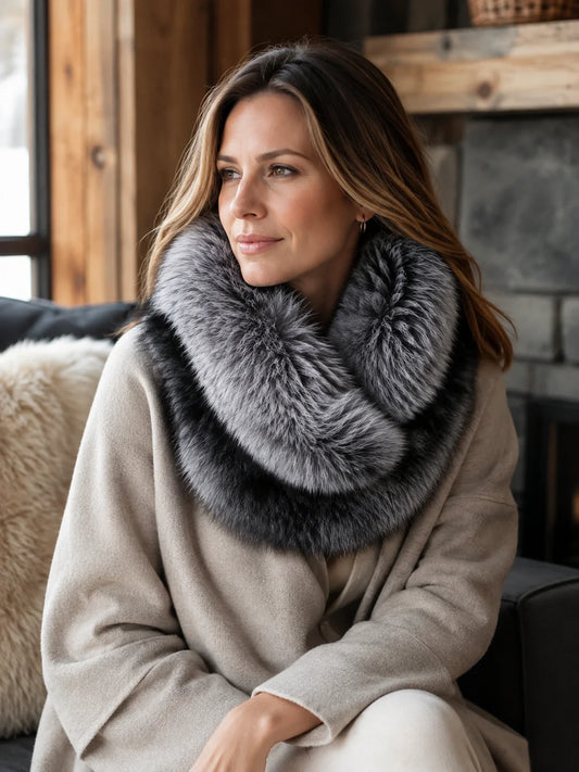Woman wearing a natural silver fox fur collar with a neutral winter coat