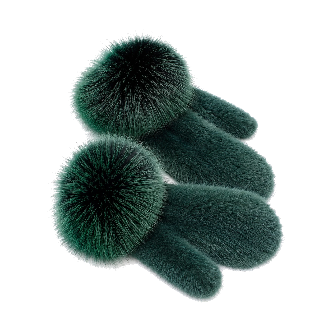 Emerald Green genuine mink fur mittens with oversized fox fur cuffs on transparent background