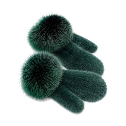 Emerald Green genuine mink fur mittens with oversized fox fur cuffs on transparent background