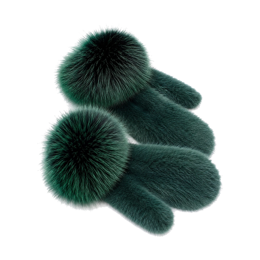 Emerald Green genuine mink fur mittens with oversized fox fur cuffs on transparent background