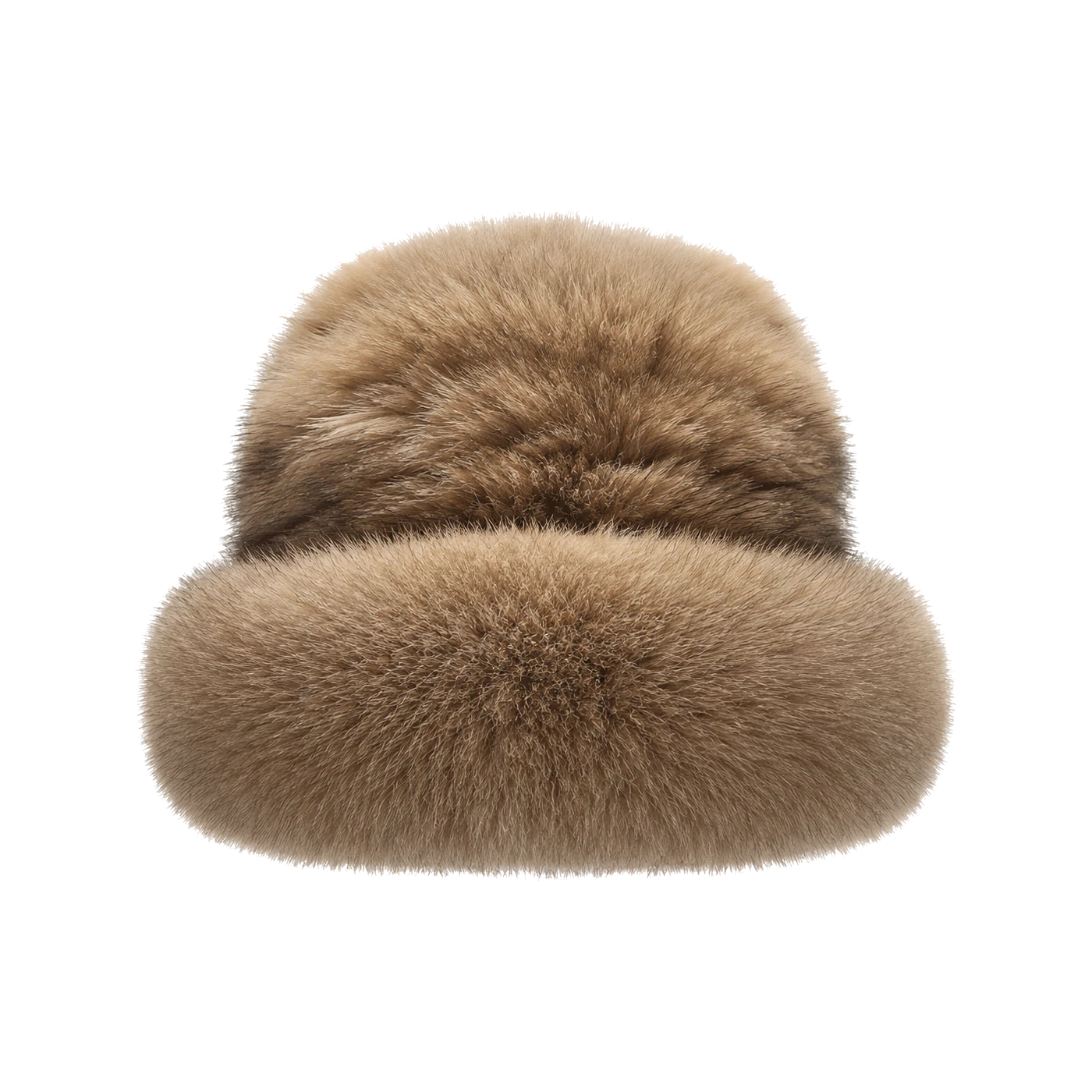 Light Sable Brown genuine sable fur bucket hat with plush fox fur brim on transparent background