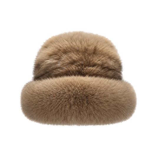 Light Sable Brown genuine sable fur bucket hat with plush fox fur brim on transparent background