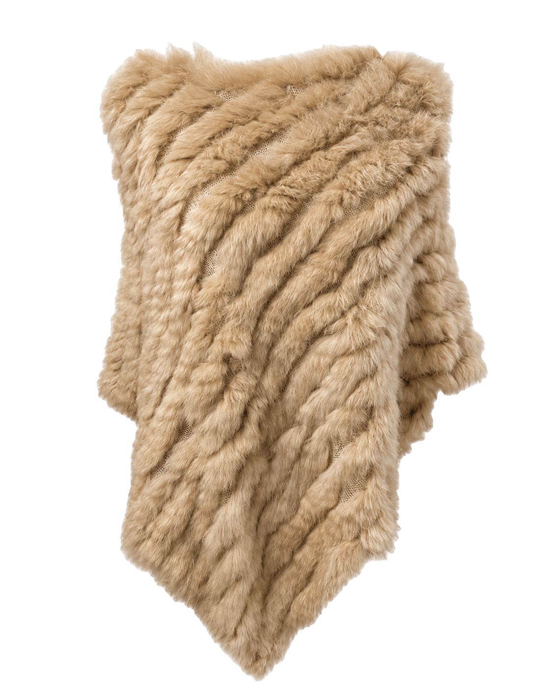 Beige handwoven genuine rabbit fur triangle poncho with raccoon fur collar on a transparent background