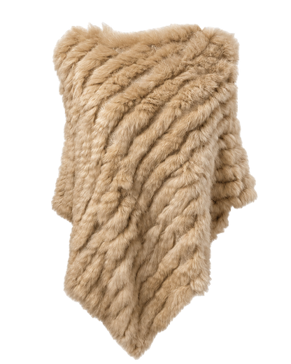 Beige handwoven genuine rabbit fur triangle poncho with raccoon fur collar on a transparent background