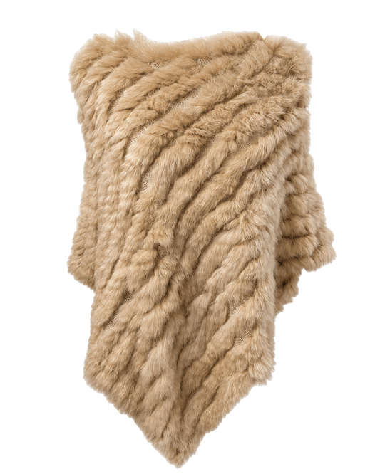 Beige handwoven genuine rabbit fur triangle poncho with raccoon fur collar on a transparent background