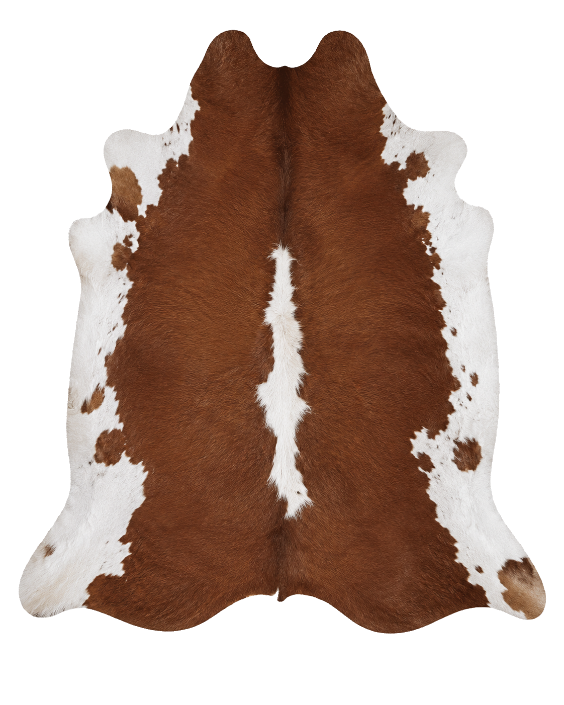 Rich brown and ivory center-stripe genuine cowhide rug on transparent background