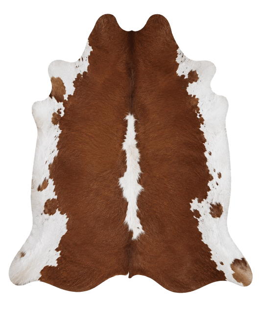Rich brown and ivory center-stripe genuine cowhide rug on transparent background