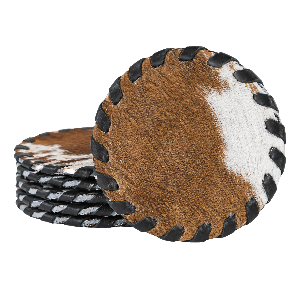 Set of four round genuine cowhide coasters with hand-laced dark leather edges on transparent background