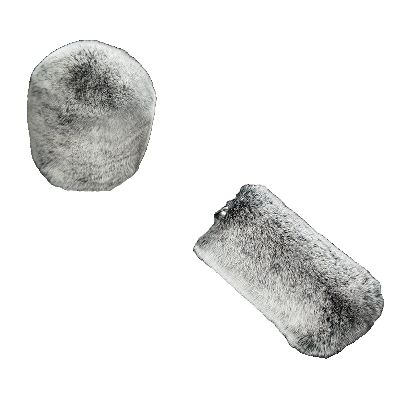 Silver Gray genuine Rex rabbit fur gear shift and handbrake cover set on transparent background