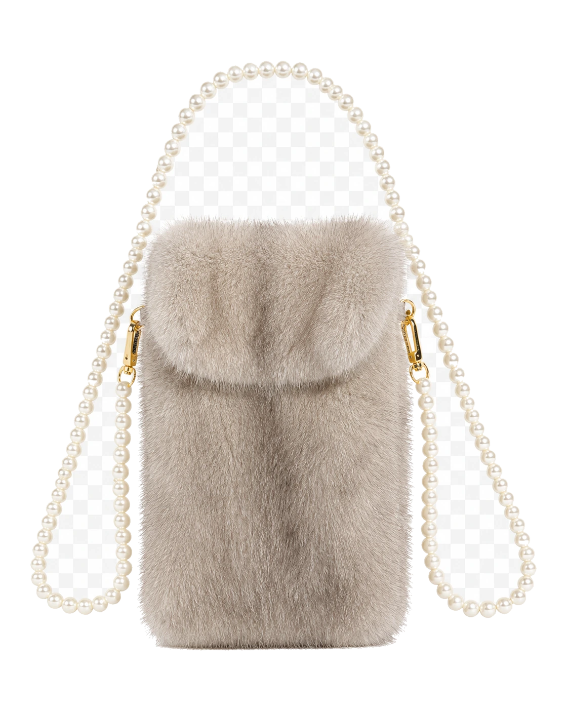 Silver Gray genuine mink fur phone crossbody bag on transparent background