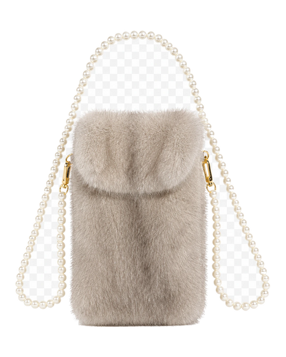 Silver Gray genuine mink fur phone crossbody bag on transparent background