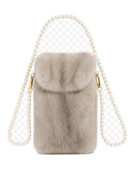 Silver Gray genuine mink fur phone crossbody bag on transparent background