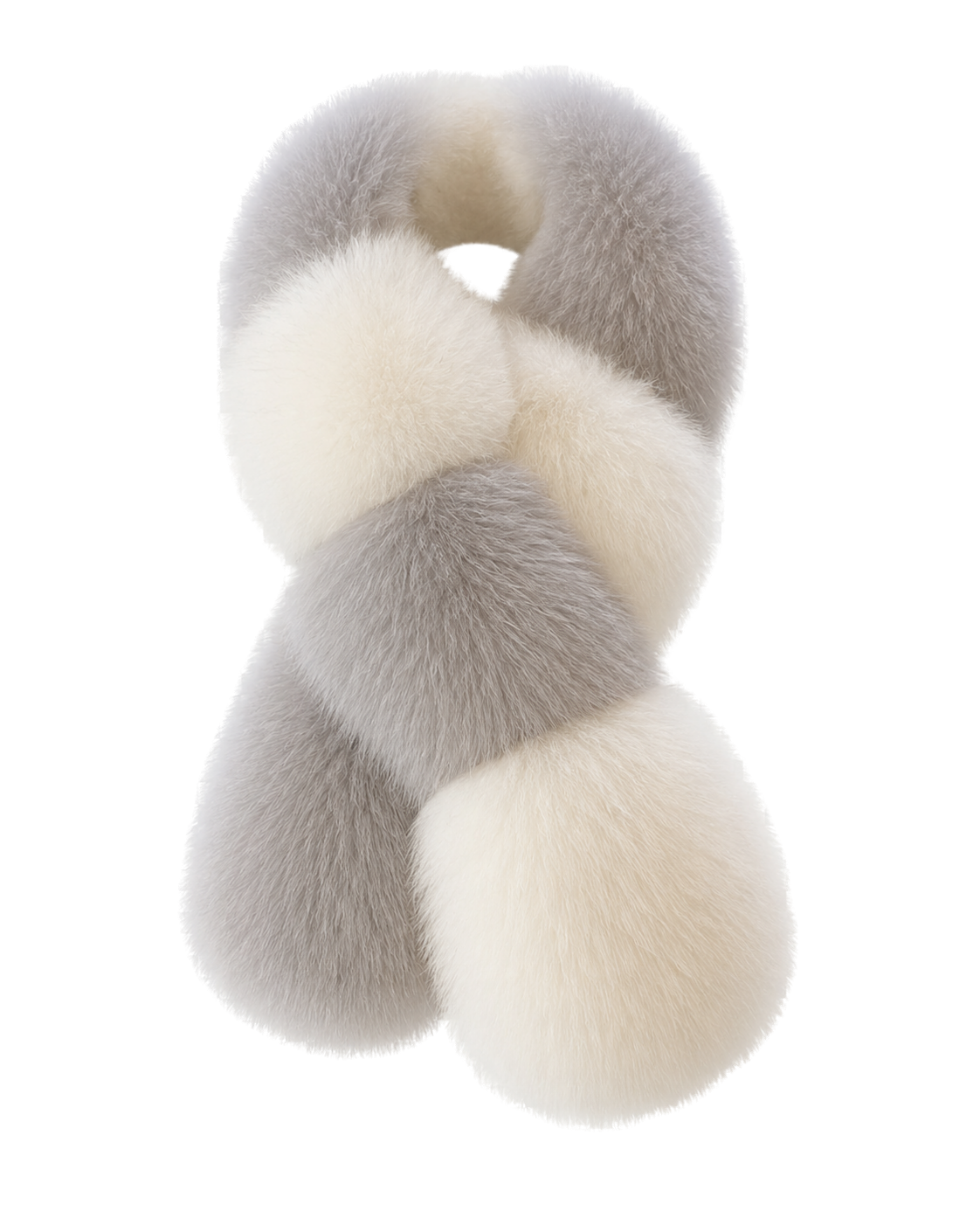 Silver gray and ivory genuine fox and Rex rabbit fur colorblock scarf on a transparent background