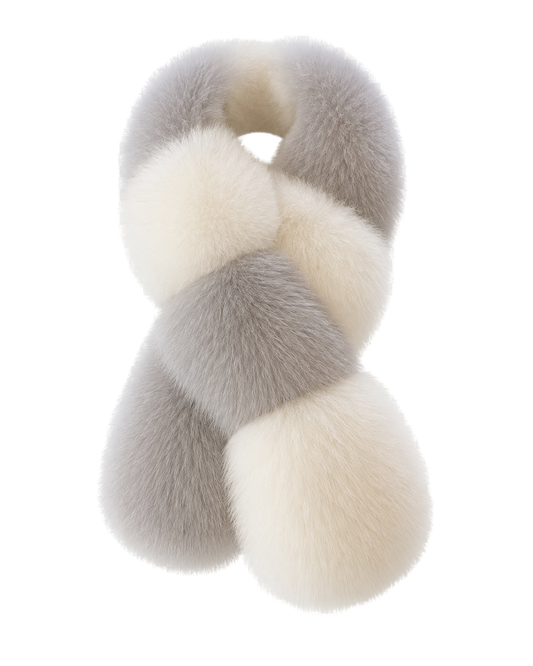 Silver gray and ivory genuine fox and Rex rabbit fur colorblock scarf on a transparent background