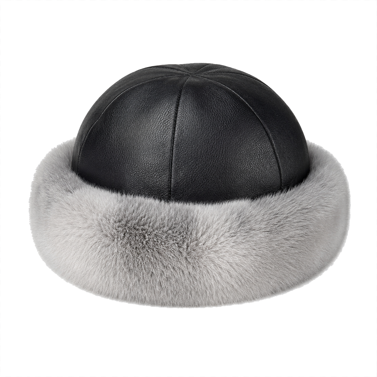 Silver Gray rabbit fur and black top-grain leather round winter hat