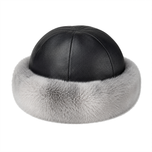 Silver Gray rabbit fur and black top-grain leather round winter hat