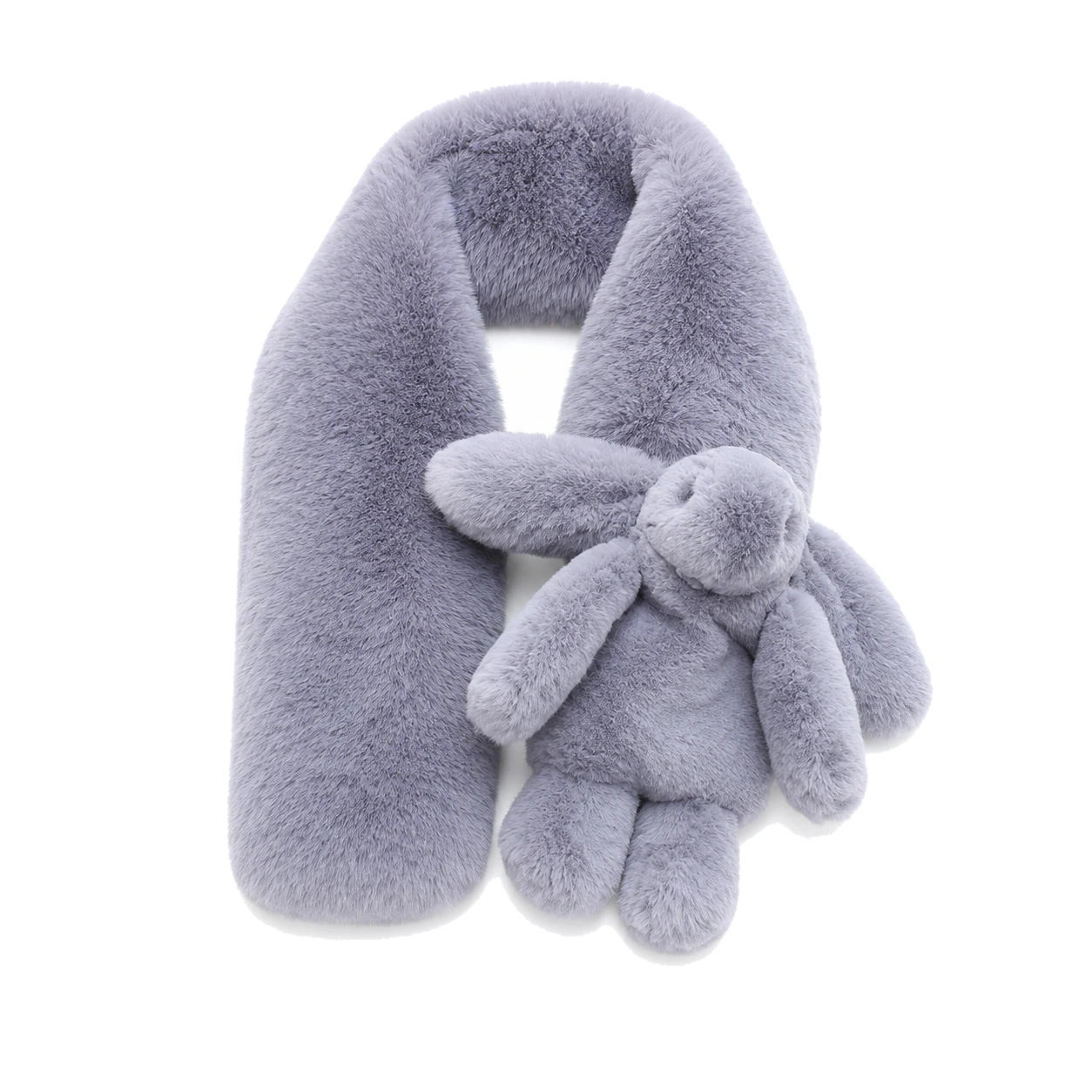 Silver Gray genuine Rex rabbit fur bunny scarf front view on transparent background
