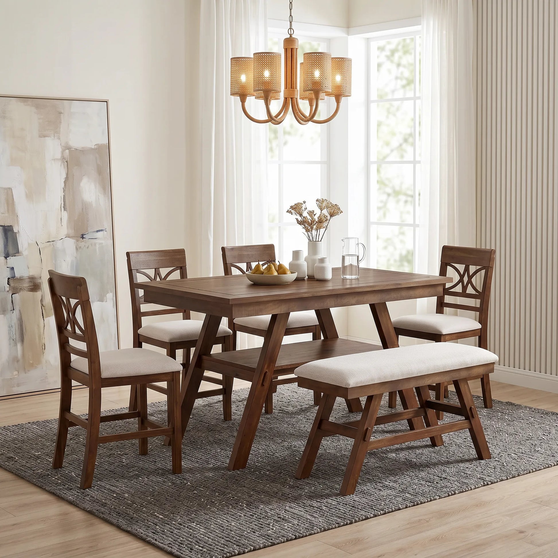 6-Piece Wood Counter Height Dining Table Set with Storage Shelf, Kitchen Table Set with Bench and 4 Chairs,Rustic Style, Walnut+Beige Cushion (old – view 1
