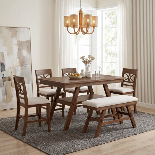 6-Piece Wood Counter Height Dining Table Set with Storage Shelf, Kitchen Table Set with Bench and 4 Chairs,Rustic Style, Walnut+Beige Cushion (old – view 1