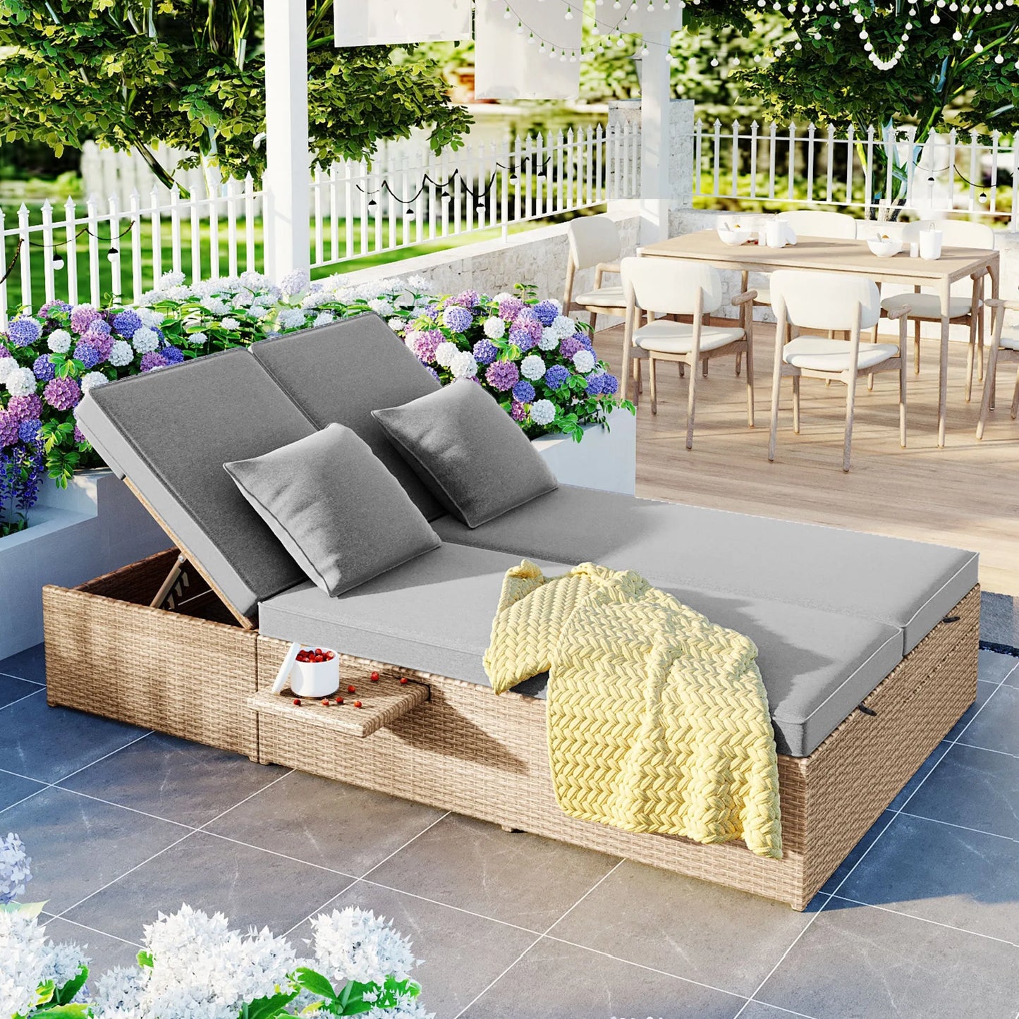 Outdoor Double Sunbed, Wicker Rattan Patio Reclining Chairs with Adjustable Backrest and Seat, Conversational Set for 2 Person, Brown – view 1
