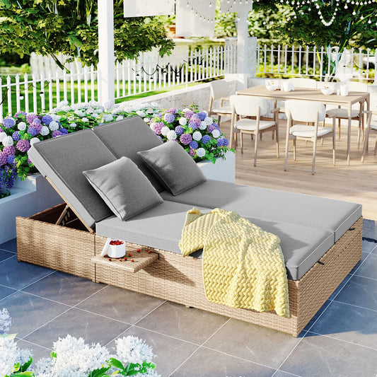 Outdoor Double Sunbed, Wicker Rattan Patio Reclining Chairs with Adjustable Backrest and Seat, Conversational Set for 2 Person, Brown – view 1