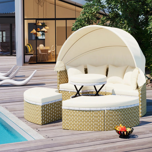 Patio Furniture Round Outdoor Sectional Sofa Set Rattan Daybed Two-Tone Weave Sunbed with Retractable Canopy, Separate Seating and Removable Cushion – view 1