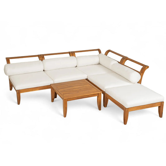 6 Piece Patio Sofa Set, Acacia Wood Outdoor Modular Sectional Garden Furniture Set L-Shaped Conversation Set, Convertible Daybed with Tea Table – view 1