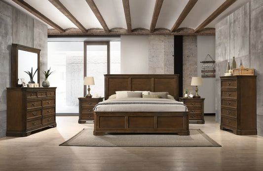 Maderne Traditional Wood Panel 6 pieces King Bed set with Dresser, Mirror, Two Nightstands, Chest – view 1
