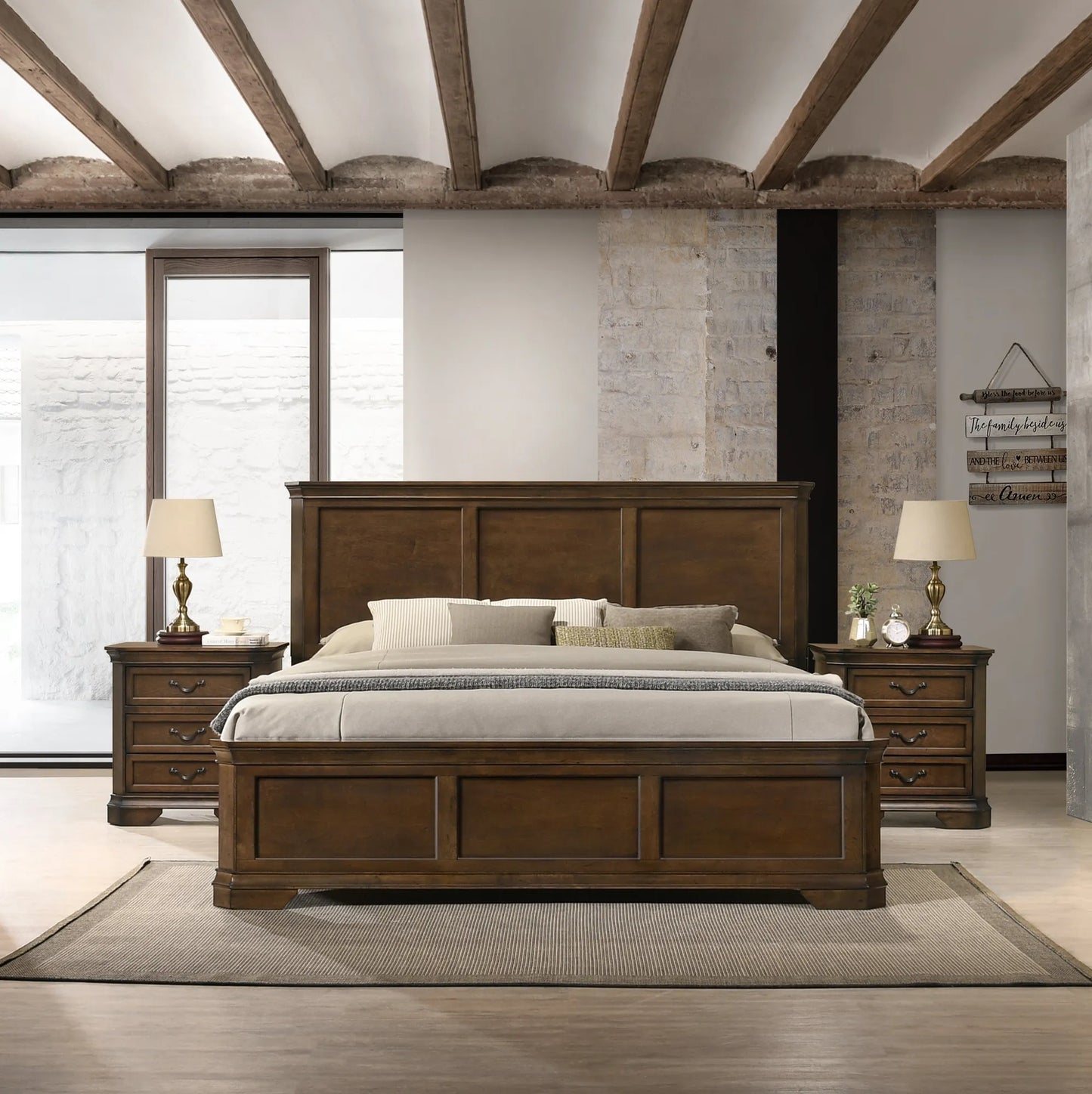 Maderne Traditional 3-Piece Wood Bedroom Set with King Size Panel Bed and Two Nightstands – view 1
