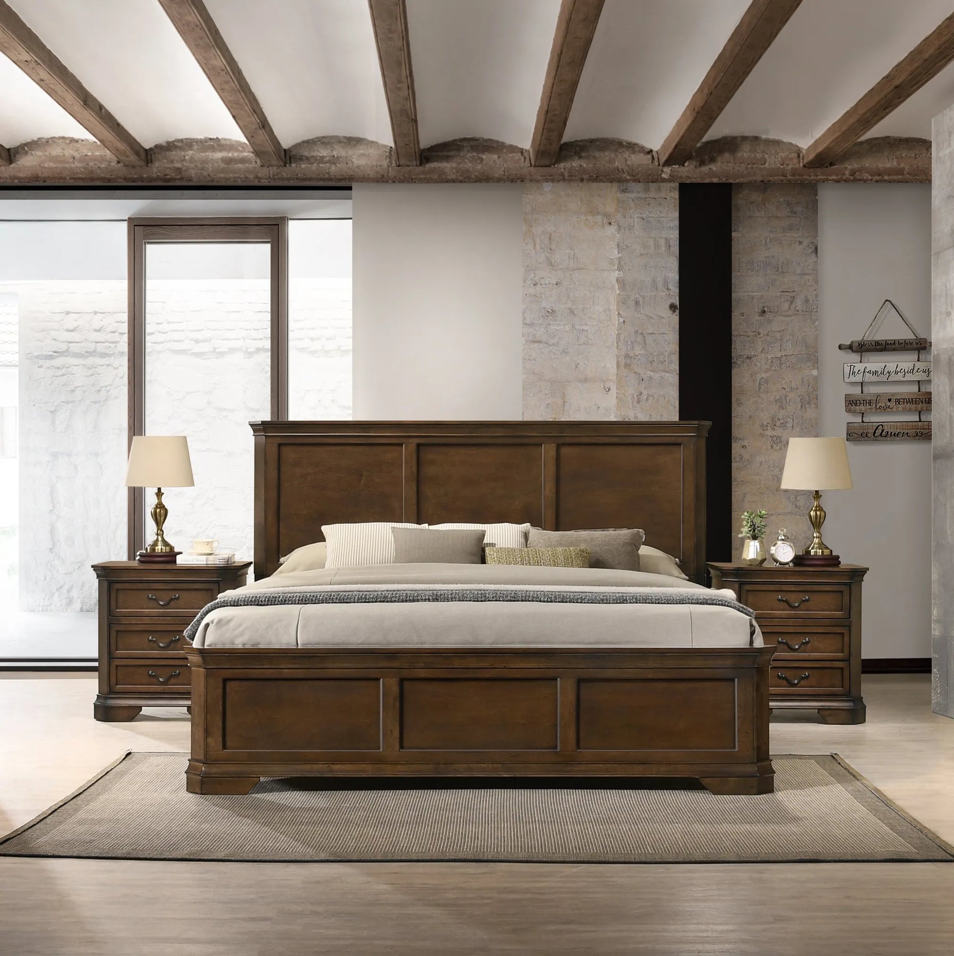 Maderne Traditional 3-Piece Wood Bedroom Set with King Size Panel Bed and Two Nightstands – view 1