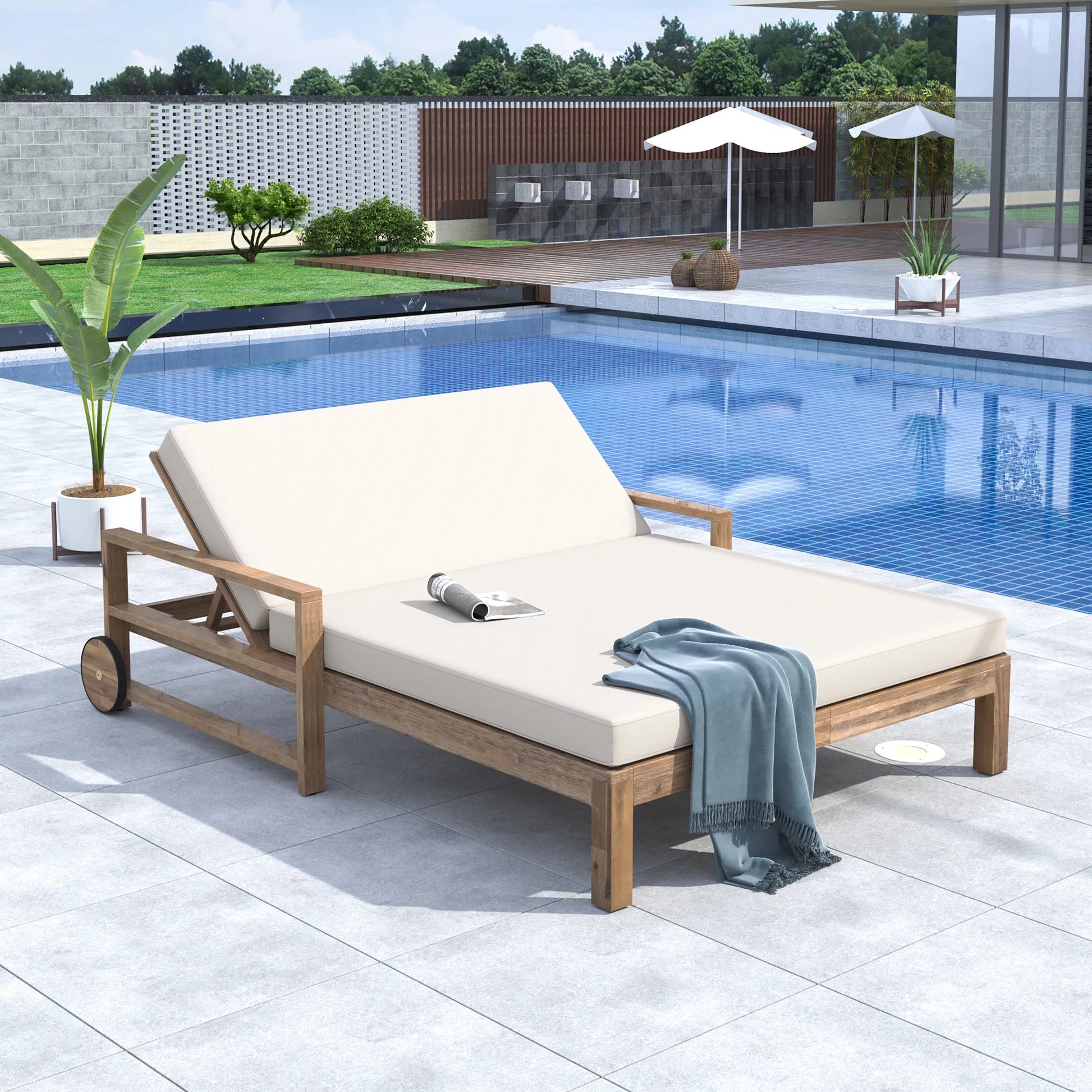 1-Piece Farmhouse-styled Wooden Outdoor Sunbed for Ultimate Relaxation Outdoor Daybed Seating 2 People for Poolside, Garden and Backyard (Beige) – view 1