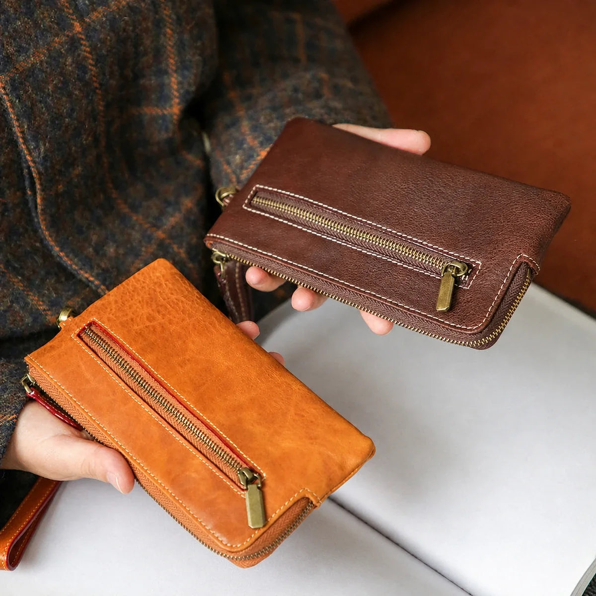 Top-grain cowhide long zip wallet in honey brown and coffee brown