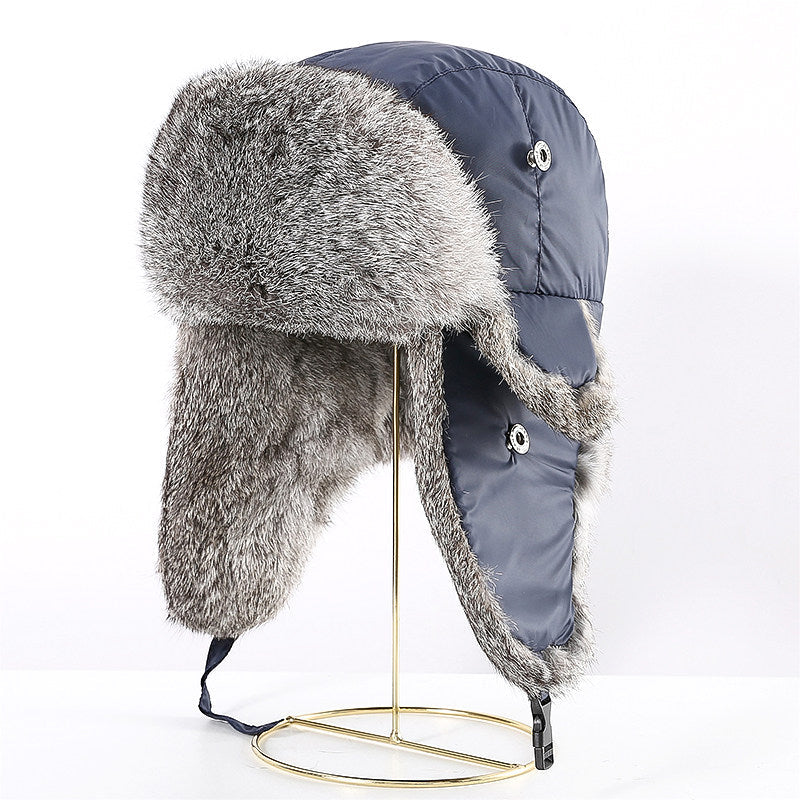 Unisex navy trapper hat with gray rabbit fur trim