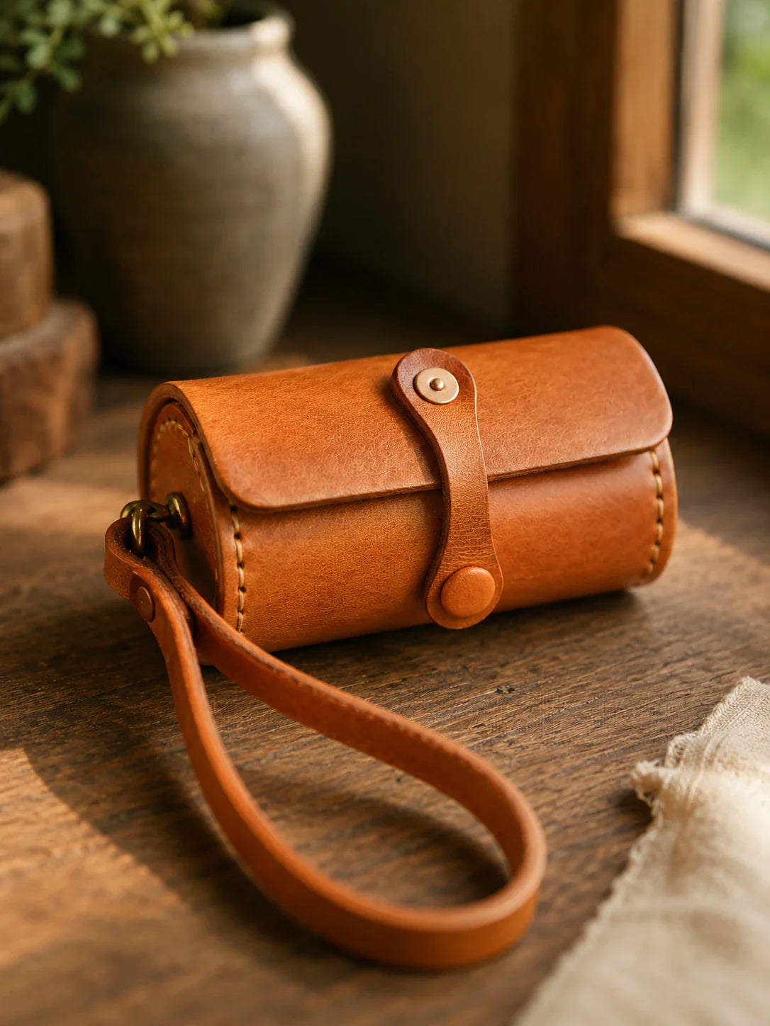 Vegetable-tanned cowhide wristlet case in sunset tan, front view