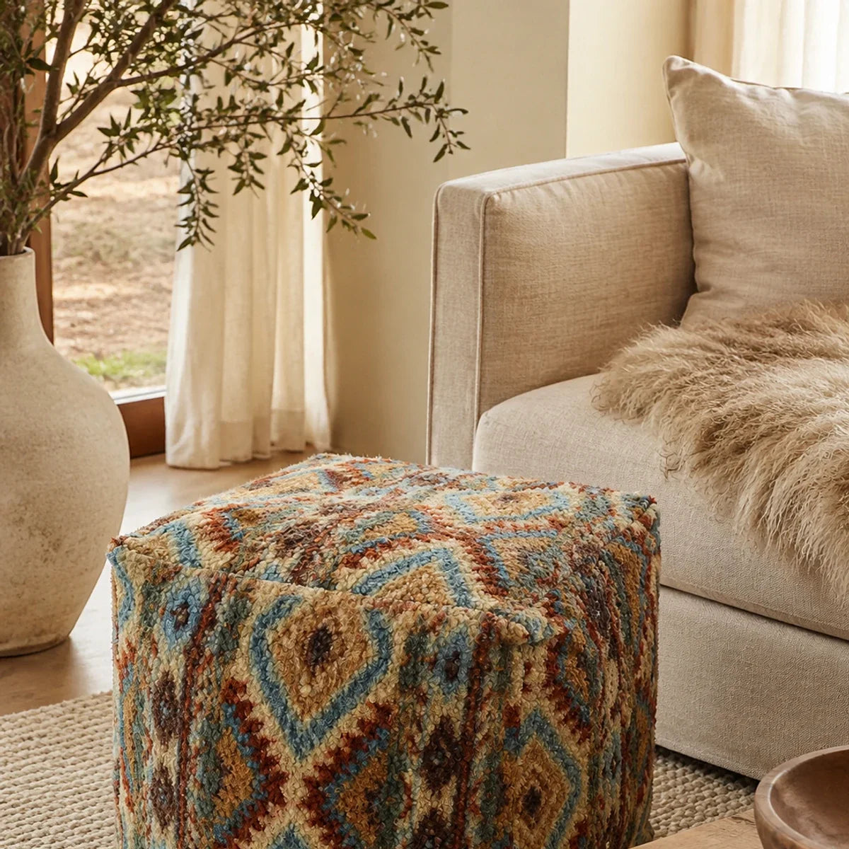 Vintage Fair Isle floor cushion styled in a warm neutral living room