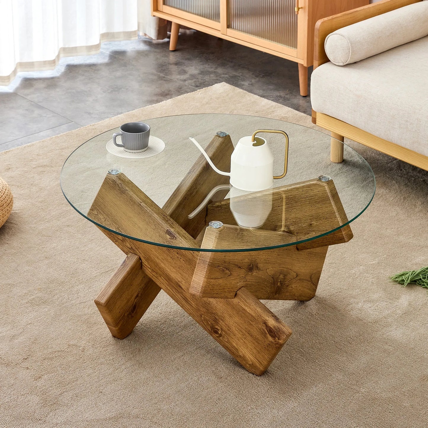 Circular glass coffee table, 33.4-inch modern and distinctive design tea table. Tempered glass countertop, wood colored MDF table legs. Suitable for – view 1