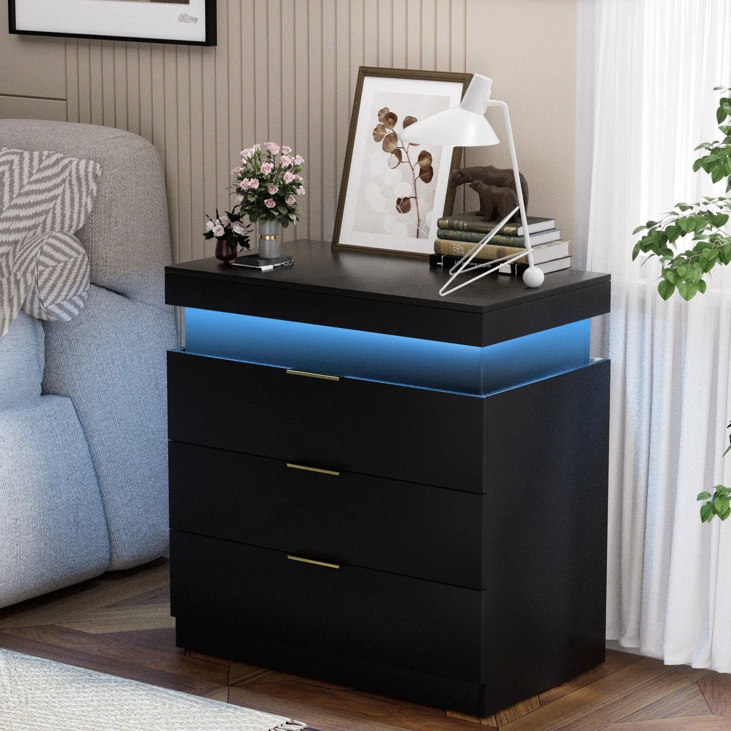 Nightstand with Charging Station and LED Lights,Night Stand with Sliding Top for Bedroom,Bedside Table with Drawers,Modern End Side – view 1