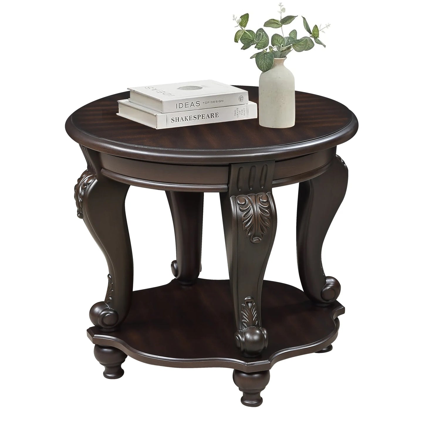 22'' Two Tone Round End Table,Solid Wood Sofa Side Table with Shelf,Living Room Corner Table Easy Assemble, Espresso – view 1
